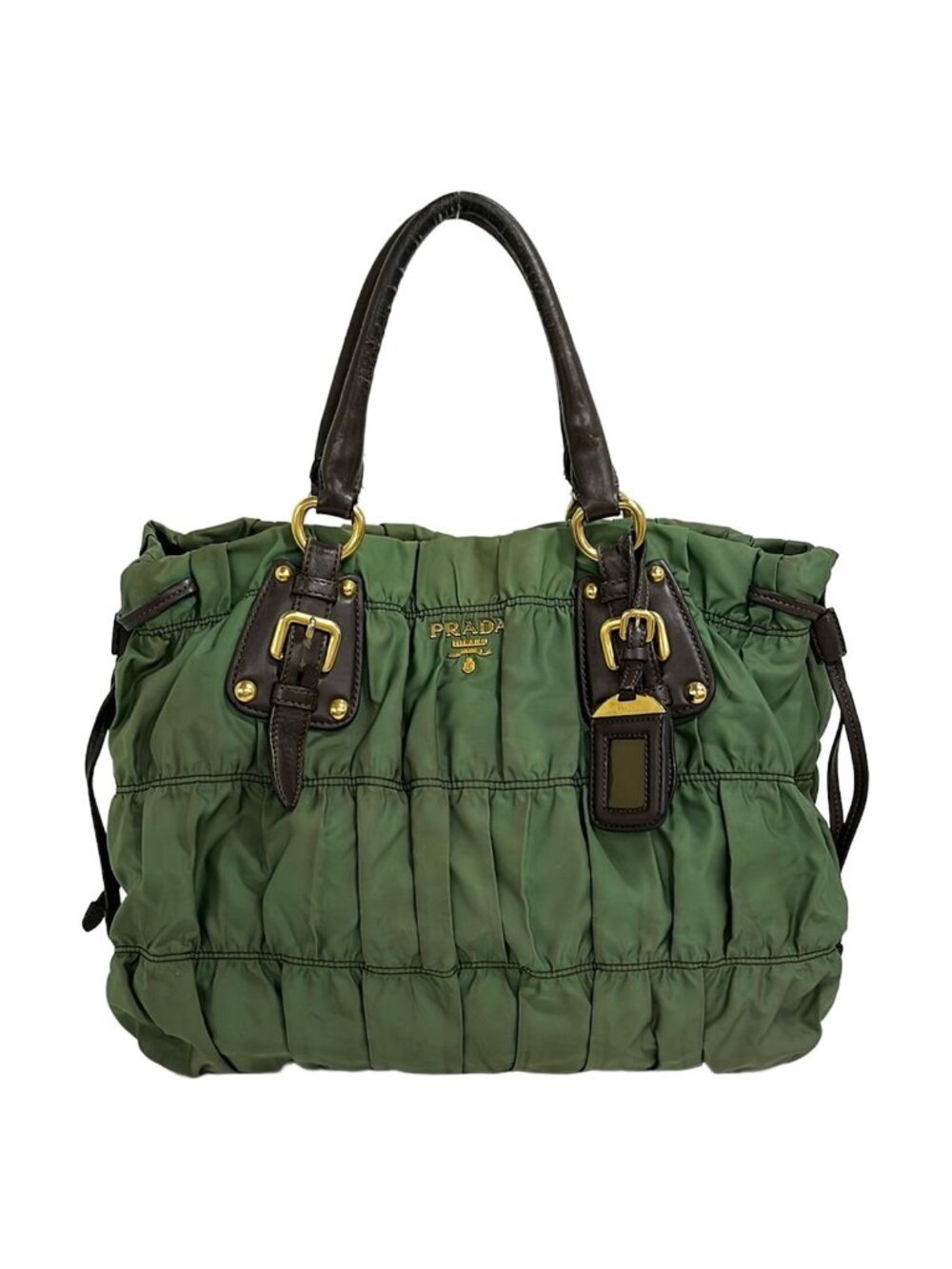Prada Tote Gathered Green Dark Brown Leather